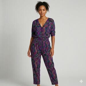 VTG En Focus Geometric Jumpsuit Purple L Rayon Southwestern Boho 90s USA Made
